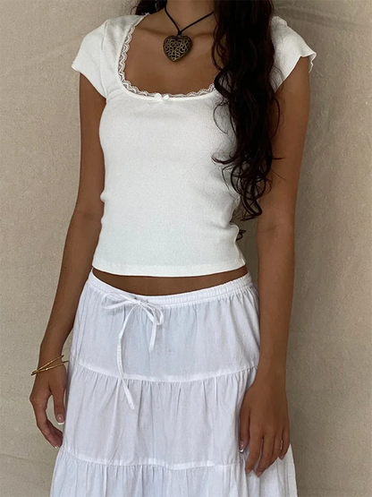 Lace Trim Short Sleeve Baby Tee – Y2K Summer Vintage Vibes
