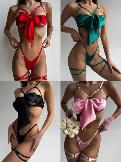 Lace-Up Satin Lingerie Set – Open Bra & Bowknot Detail