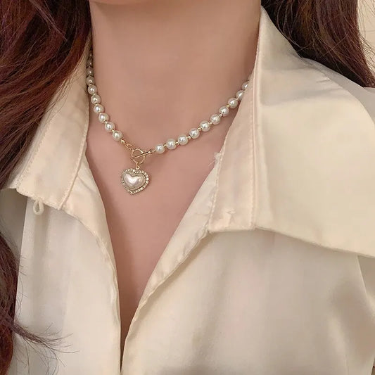 Elegant Pearl Necklace – Heart Pendant with Luxury Imitation Pearls