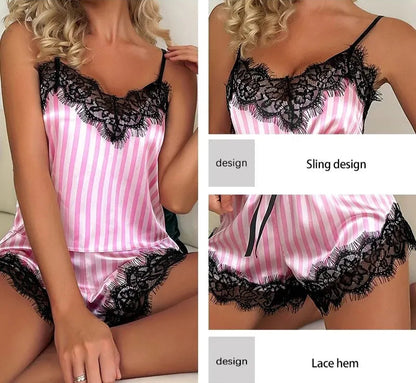 Two Piece V-Neck Lace Pajama Set - Women's Sleeveless Pajamas