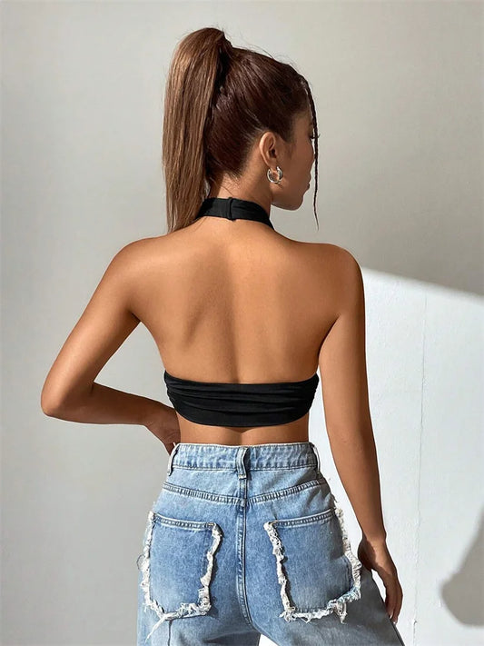 Backless Deep V Halter Crop Top – Flashy Summer Streetwear