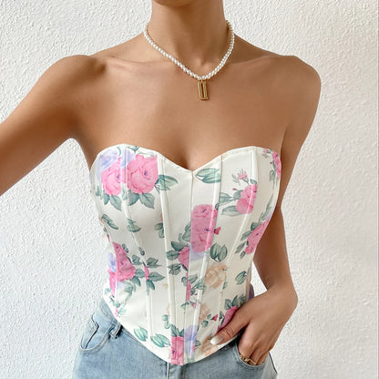 Backless Floral Print Strapless Crop Top – Fishbone Corset Camisole