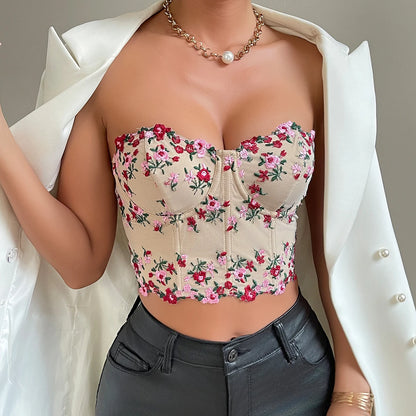 Elegant Floral Lace Corset Crop – Strapless Embroidered Tube Top Camisole