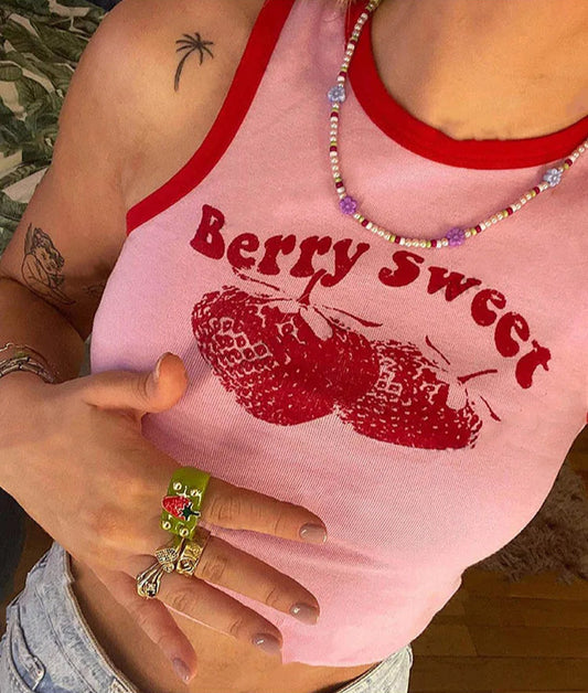“Berry Sweet” Pink Y2K Off-Shoulder Tank – Vintage 90s Summer Crop Top