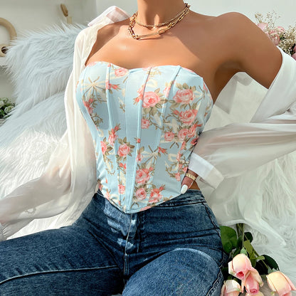Backless Floral Print Strapless Crop Top – Fishbone Corset Camisole