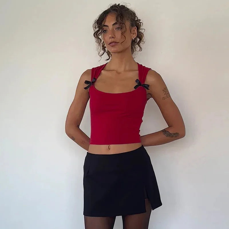 Bow Tie Bandage Crop Top – Y2K Low-Cut Camisole