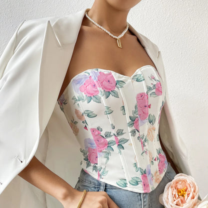 Backless Floral Print Strapless Crop Top – Fishbone Corset Camisole