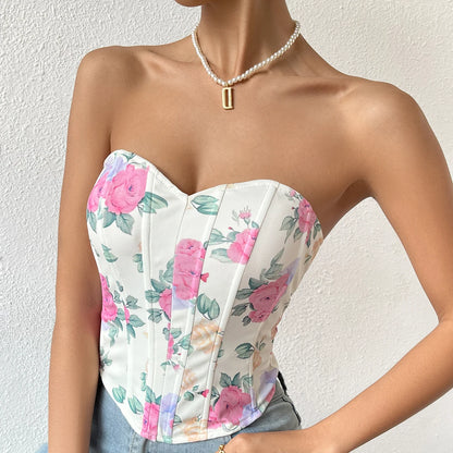 Backless Floral Print Strapless Crop Top – Fishbone Corset Camisole