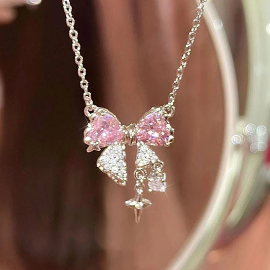 Sweet Pink Bow Necklace – Sparkling Rhinestone Star Pendant