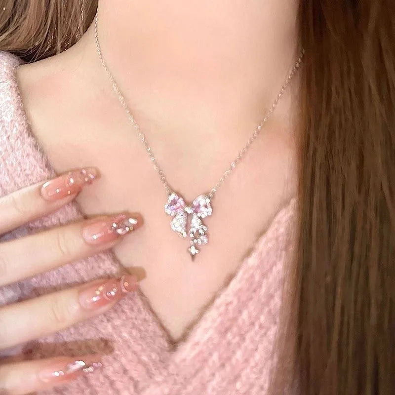 Sweet Pink Bow Necklace – Sparkling Rhinestone Star Pendant