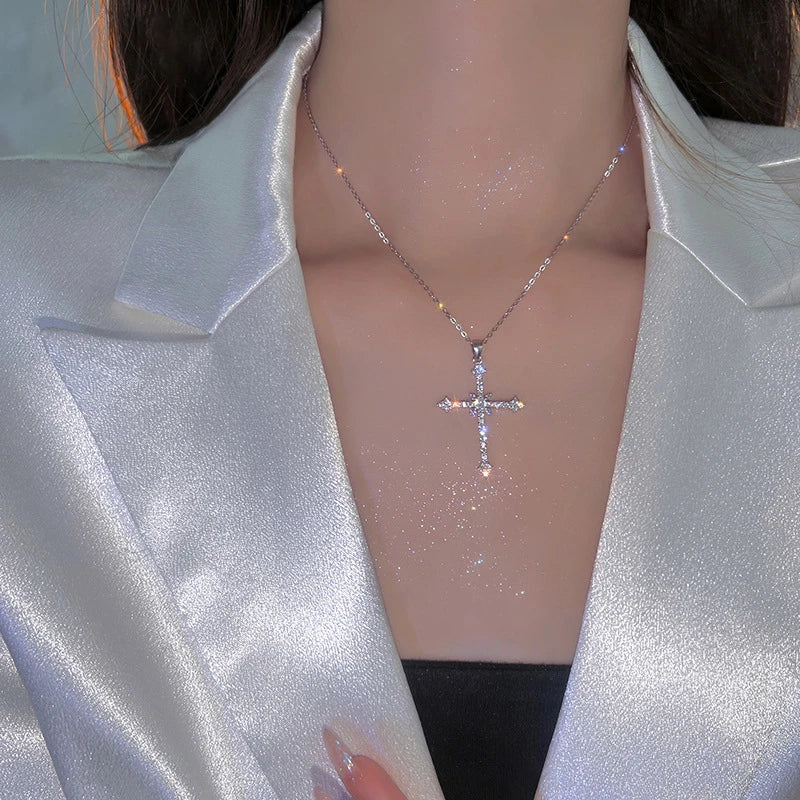Crystal Zircon Cross Pendant Necklace – Fashion Chain Jewelry for Women