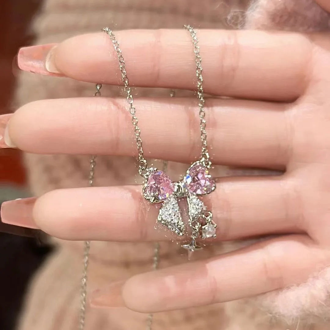 Sweet Pink Bow Necklace – Sparkling Rhinestone Star Pendant