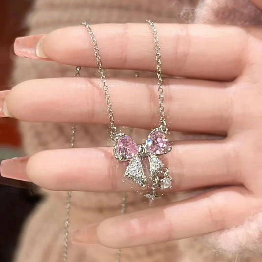 Sweet Pink Bow Necklace – Sparkling Rhinestone Star Pendant