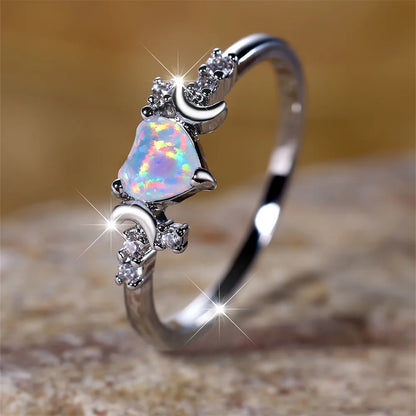 White Fire Opal Heart Ring – Rose Gold & Silver Tone