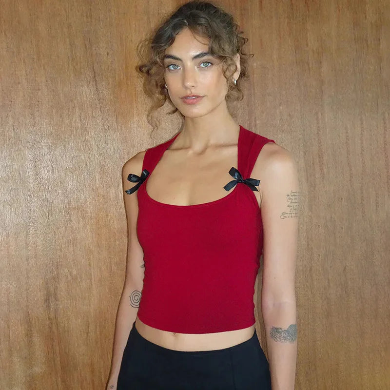 Bow Tie Bandage Crop Top – Y2K Low-Cut Camisole
