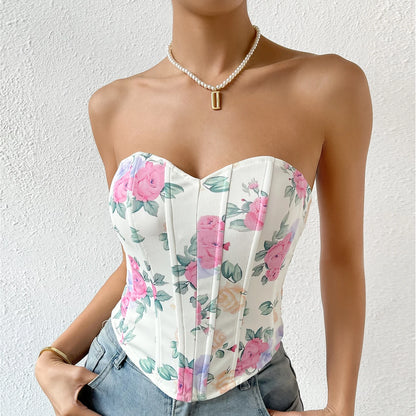 Backless Floral Print Strapless Crop Top – Fishbone Corset Camisole