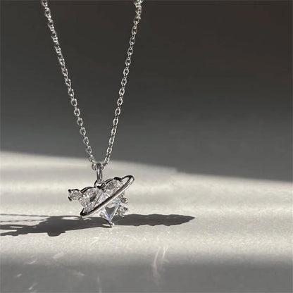 Pink Planet Heart Zircon Pendant Necklace – Aesthetic Clavicle Chain