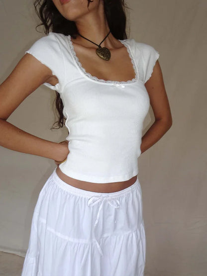 Lace Trim Short Sleeve Baby Tee – Y2K Summer Vintage Vibes