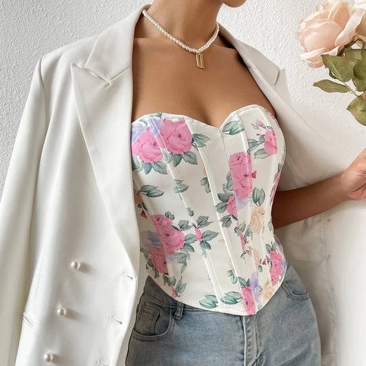 Backless Floral Print Strapless Crop Top – Fishbone Corset Camisole