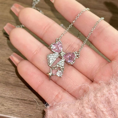 Sweet Pink Bow Necklace – Sparkling Rhinestone Star Pendant