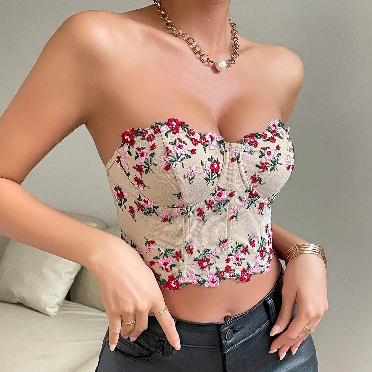 Elegant Floral Lace Corset Crop – Strapless Embroidered Tube Top Camisole