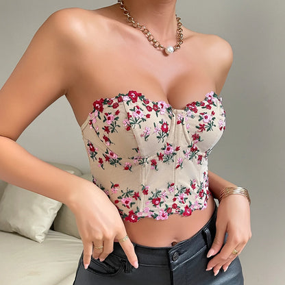 Elegant Floral Lace Corset Crop – Strapless Embroidered Tube Top Camisole
