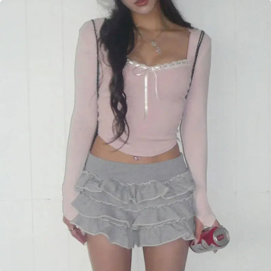 Pink Bow Bandage Cropped Tee – Sweet Y2K Coquette Top