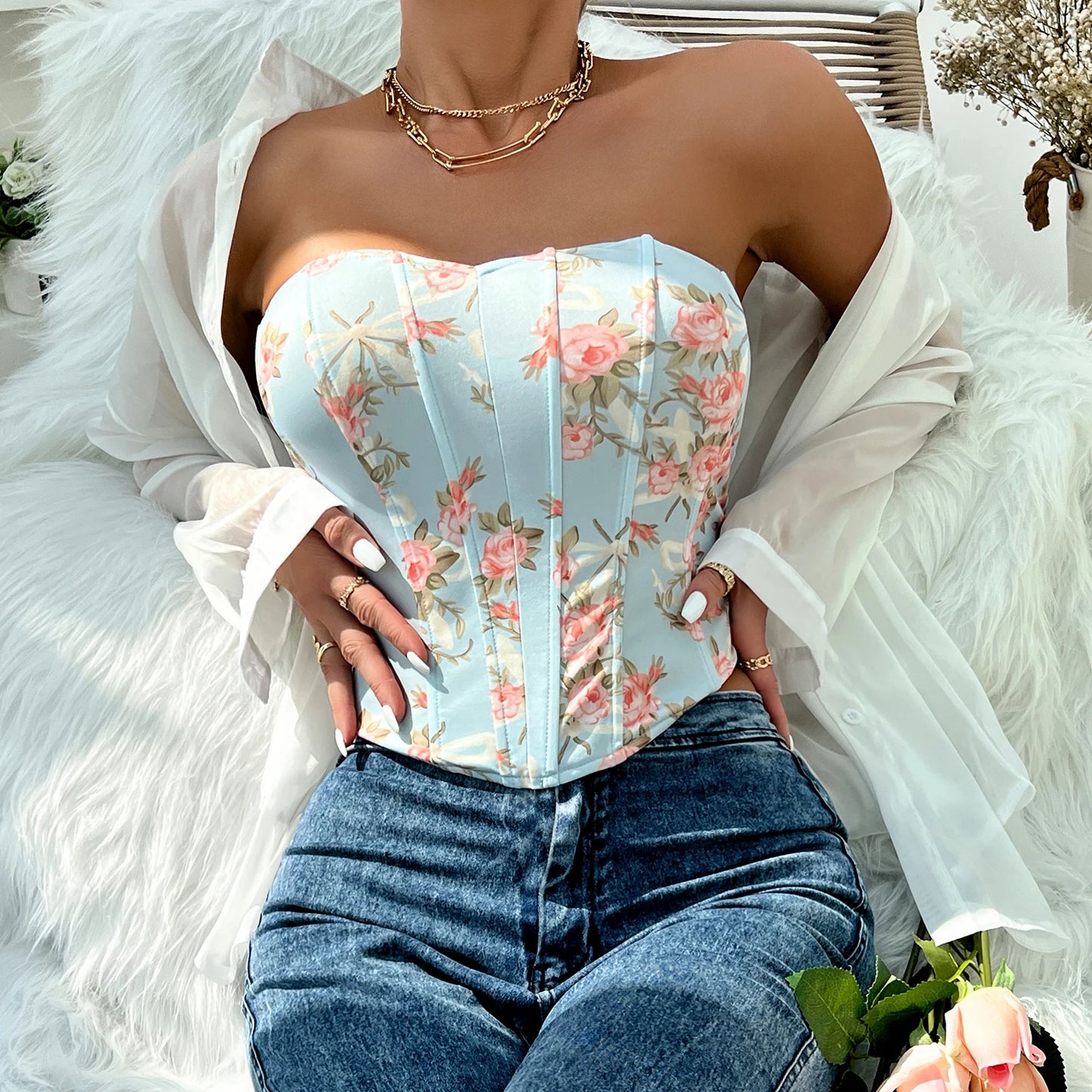 Backless Floral Print Strapless Crop Top – Fishbone Corset Camisole