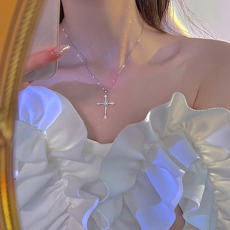 Crystal Zircon Cross Pendant Necklace – Fashion Chain Jewelry for Women