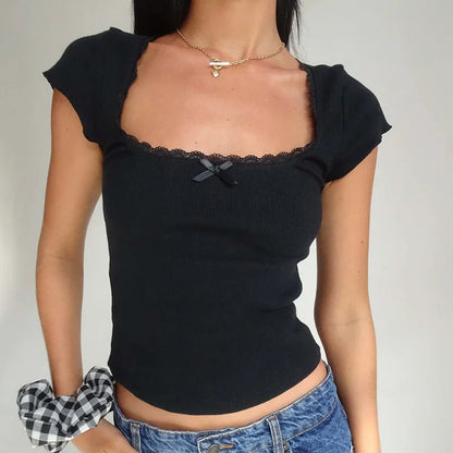 Lace Trim Short Sleeve Baby Tee – Y2K Summer Vintage Vibes