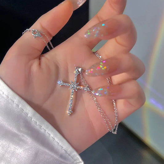 Crystal Zircon Cross Pendant Necklace – Fashion Chain Jewelry for Women