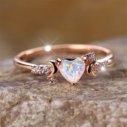 White Fire Opal Heart Ring – Rose Gold & Silver Tone
