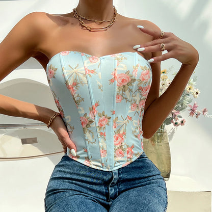 Backless Floral Print Strapless Crop Top – Fishbone Corset Camisole