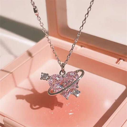 Pink Planet Heart Zircon Pendant Necklace – Aesthetic Clavicle Chain