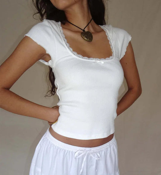 Lace Trim Short Sleeve Baby Tee – Y2K Summer Vintage Vibes