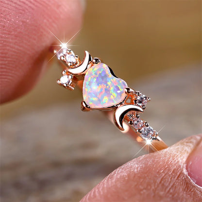 White Fire Opal Heart Ring – Rose Gold & Silver Tone