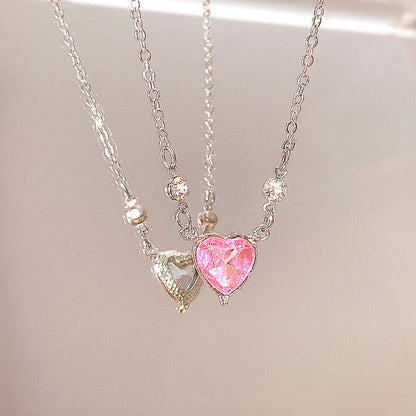 Pink Planet Heart Zircon Pendant Necklace – Aesthetic Clavicle Chain