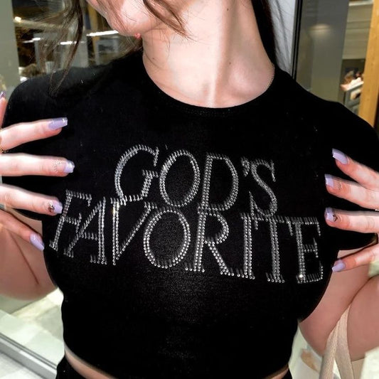 “God’s Favorite” Rhinestone Baby Tee – Y2K Slim Fit Crop Top